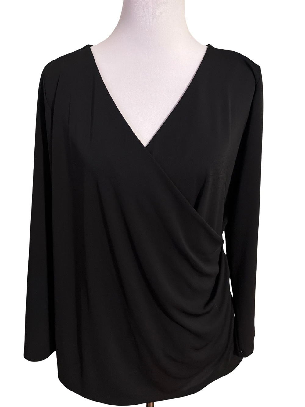Talbots Black Draped Wrap-Front Long Sleeve Blouse